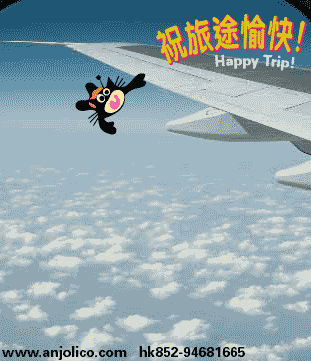 Animated Anjolico the wireless cat childrens character -  catching a  plane ride by hanging onto  the jets wings - see more swhere Anjo is flying to in terms of the Summer Olympics in  China - see Anjo compete with a series of animations