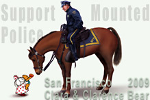 Encouraging young children to respect law enforcement officers in this illustration by Cat Wong of characters Clara and Clarence bear offering an apple to Horse of San Francisco Golden Gate Park Mounted Police detachment - CLICK TO MORE INFORMATION ABOUT SAN FRANCISCO