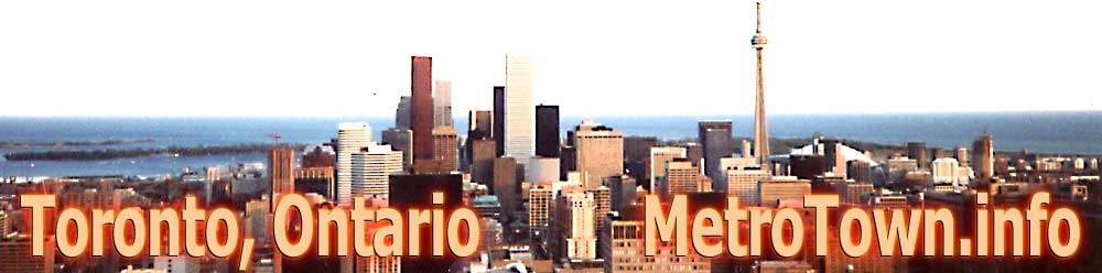 Toronto, city skyline looking south with CN tower and Lake Ontario in background - CLICK for Metrotown.info HOME PAGE