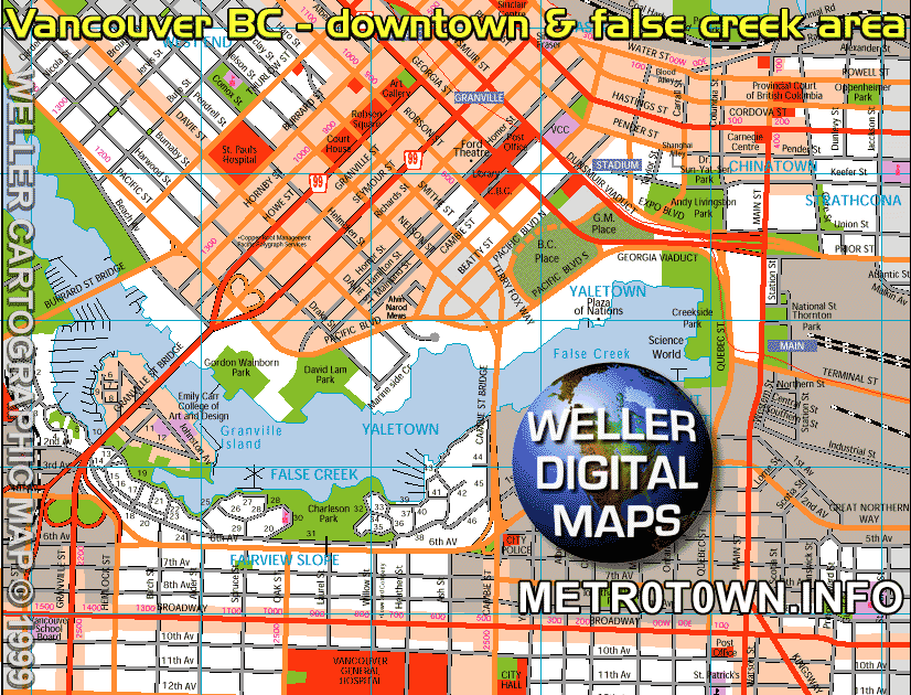 Vancouver city street map of downtown core, Yaletown, Chinatown, 