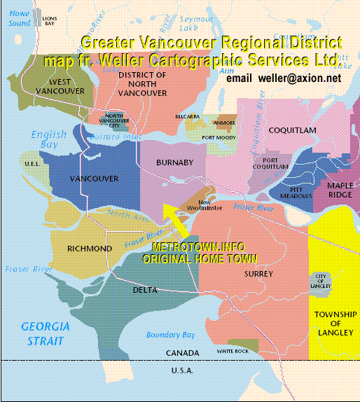 Map of GVRD Greater Vancouver Regional District member cities and 