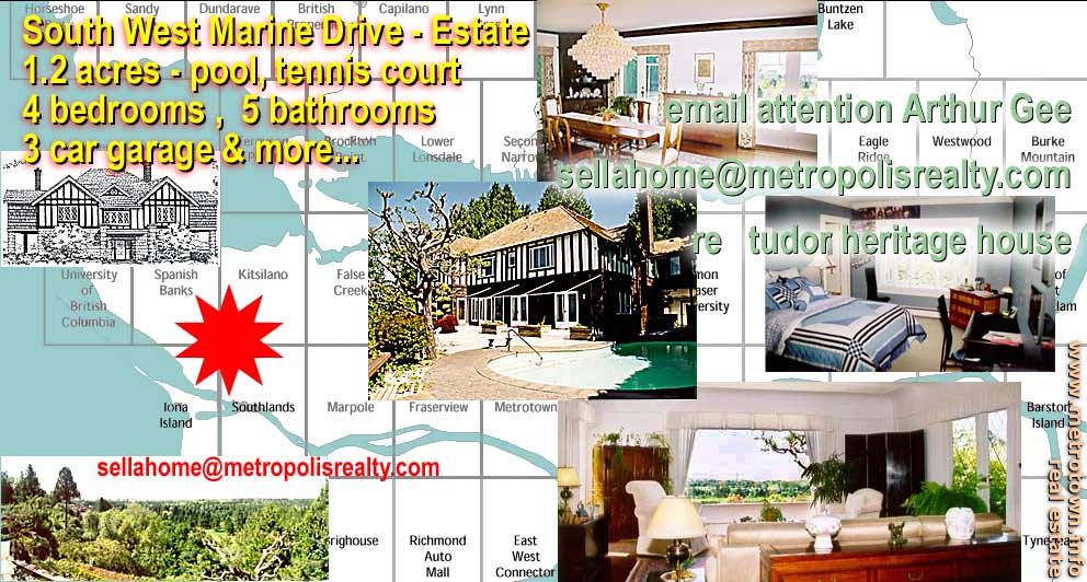 Vancouver SW Marine Drive - 1.2 acre Tudor home property for sale with 4 bedrooms, swimming pool, tennis court, 3 car garage, panoramic views etc.