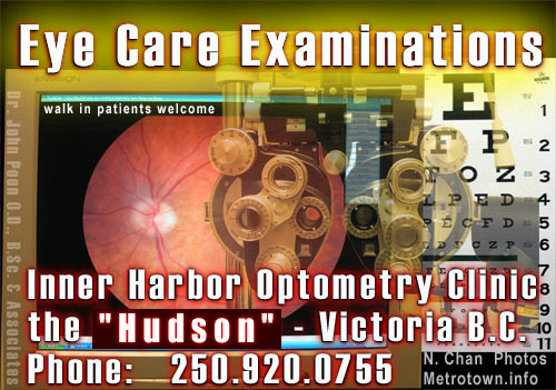 photo of digitized eye ball image from computerized diaganostic equipment and traditional optical diagnostic lens equipment and charts used by Dr. Poon, optometrist at Victoria Inner Harbour Eye Clinic, located at the Bay Centre ground floor - next to the Lens Crafters Opticians shop.