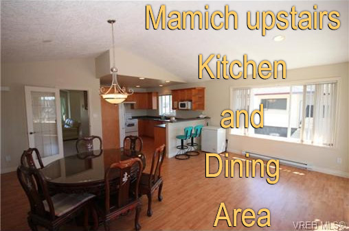 Dinning area and ditchen with counter seating area in foreground of upper main floor of Mamich  house in Gordon Head area of Victoria, BC