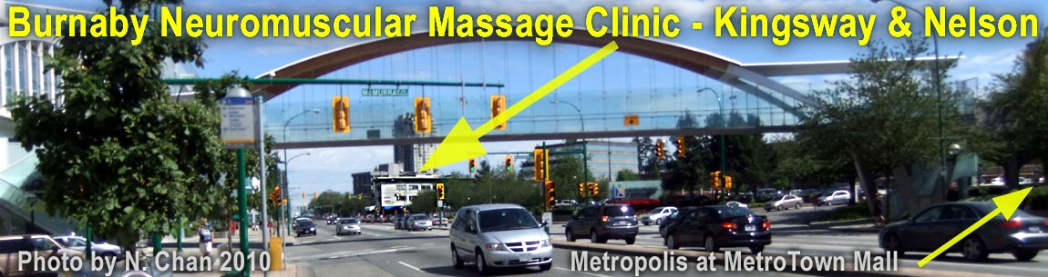 Photo of Burnaby Massage Clinic, building on corner of Kingsway & Nelson as seen from under the Skybridge  crossing Kingways to Metropolis at Metrotown mall