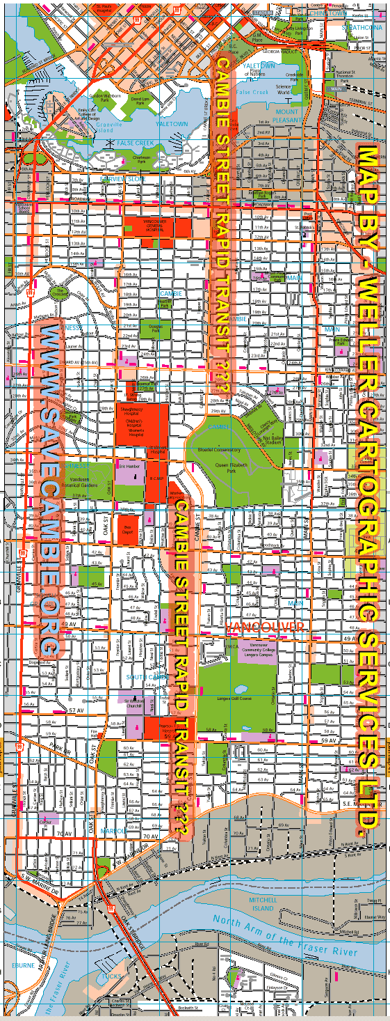 Map of Vancouver's Cambie stree/boulevard from downtown to marine drive