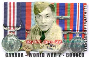 Photo of Roy Chan, on background of medals received for serving in the Canadian Army, in a special opertaion of the British Special Operations Executive, with the Australian Armed forces during WW2 click to see REFERENCE SECTION at bottom of this page