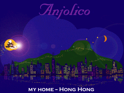 Web childrens animation character, Anjolico, flying over city of Hong Kong night sky -  created by Tony yau, Hong Kong, China graphic  design multi-media marketing and creative consultant.