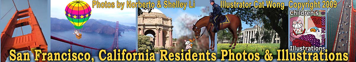 Photos & Illustrations of San Francisco including Golden Gate Bridge, Palace Gazebo, San Francisco Univeristy ,  Mounted Police Horse Patrol being fed by Clara and Clarence Bear charactoers by childrens illustrator Cat Wong 