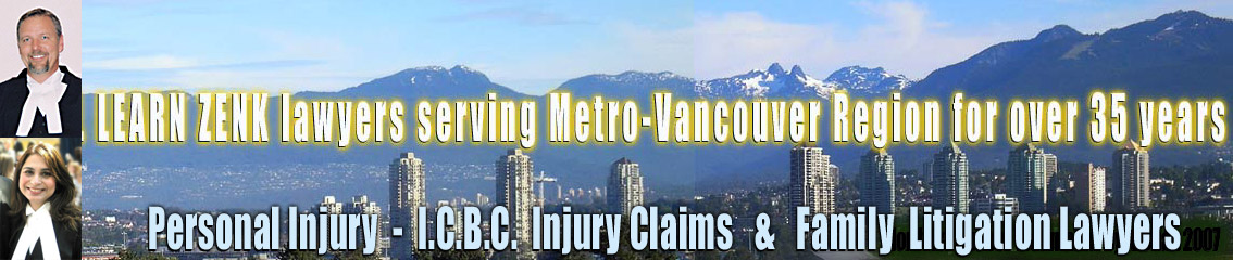 Photos of Gordon Zenk and Shelina Shariff, Personal Injury lawyers with  North West Burnaby and North Vancouver City and North Shore Mountains in the background