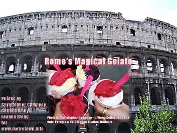 Gelato - Italian Ice creams Magical treatment for the heat on  summer tours of Rome, the colisseum is the background for these international  students studying in the University of Perugia's Italian Summer Language program on day trips to Rome - CLICK FOR EXPANDED PHOTO WITH INSERT OF INTERNATIONAL STUDENTS FROM PERUIA  EATING GELATO 