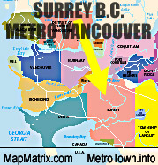 Map of Surrey and its position relative  to municipalities closest to the City of Vancouver