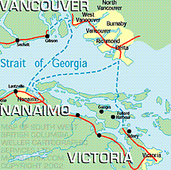 Map showing relationship of Burnaby to GVRD and Nanimo and Victoria in  BC