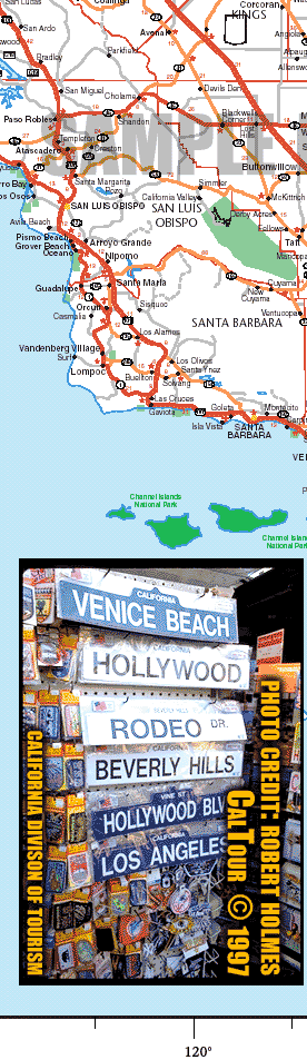 Road map showing Santa Barbara area and photo credit for CalTour 's Robert Holmes