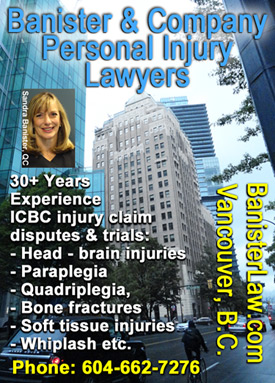 SANDRA BANISTER, QC - over 30 years experience as a personal injury lawyer as well as an employment law and labor lawyer - this photo of her is with Marine Building in background where she has offices on Burrard St. in downtown Vancouver - she has served clients in Nanaimo, click to her website at BanisterLaw.com