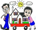 Cartoon - graphic of Rosy Yung & Art Gee  Realtors delivering a home to you.