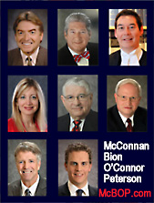 partner & associates of McBOP as of Feb. 27, 2016  - Pat Bion, LLB; Michael O'Connor, QC;  Michael Mark, BA LLB;  Charlotte Salomon, QC; Honorable F. Allen Melvin , retired judge;  Dirk Ryneveld, QC; Willie Gudgeon associate - lawyers with 25 to 35+ years experience in Personal injury ICBC clamis / business commercial contracts and litigation / real estate / wills estates and incapacity planning and litigation / employment law