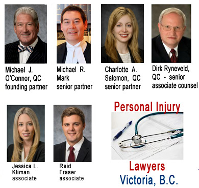 photos of 6 personal injury lawyers, Michael O'Connor, QC;  Michael Mark, Senior Partner; Charlotte Salomon, QC; Dirk Reyneveld, QC;  Jessica Kliman, Associate, and Reid Fraser, with McConnon Bion O'Connor Peterson, law firm in downtown Victoria, BC CLICK TO THE FIRM WEBSITE